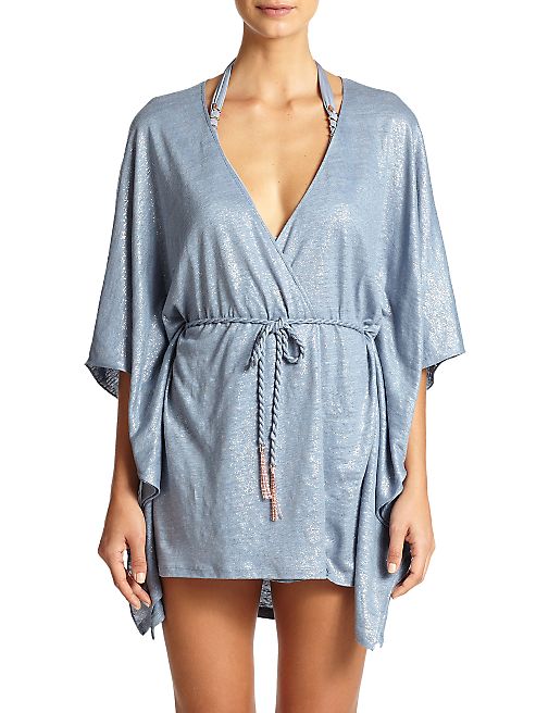 Lazul - Belted Metallic-Detailed Linen Wrap Coverup