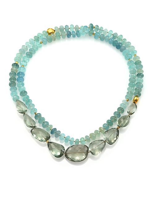 Lena Skadegard - Onda Green Amethyst, Aquamarine & 18K Yellow Gold Long Pebble Necklace