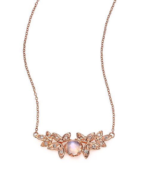 Jacquie Aiche - Moonstone, Diamond & 14K Rose Gold Leaves Necklace