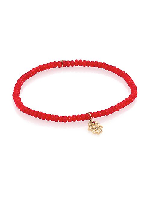 Sydney Evan - Hamsa Diamond, Red Coral & 14K Yellow Gold Hamsa Beaded Bracelet