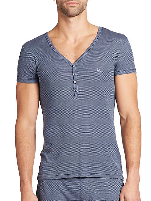 Emporio Armani - Viscose Striped Henley T-Shirt