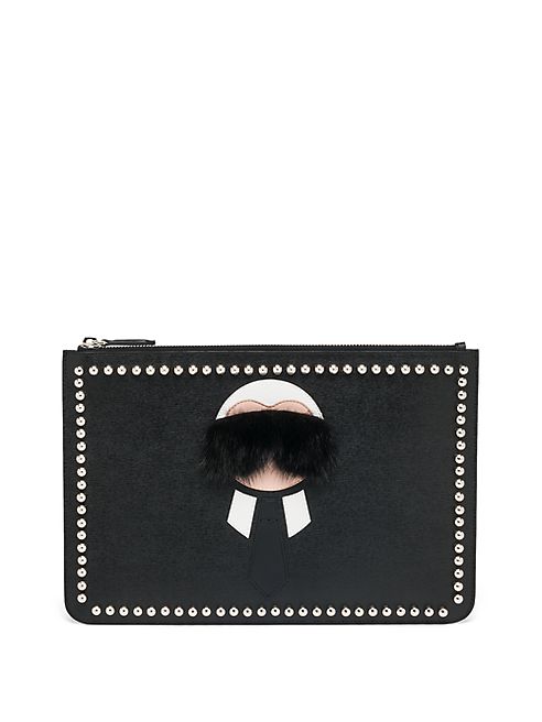 Fendi - Karl Fur-Trimmed Textured Leather Pouch