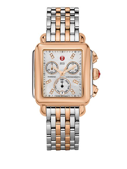 Michele Watches - Deco 18 Diamond, Mother-Of-Pearl, 18K Rose Goldplated & Stainless Steel Bracelet Watch