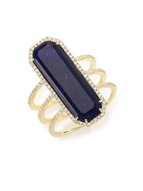 Meira T - Sodalite, Diamond & 14K Yellow Gold Baguette Triple-Row Ring