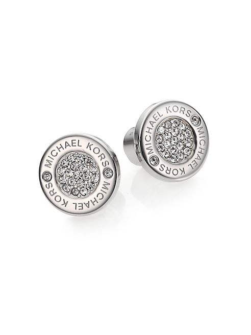 Michael Kors - Heritage Plaque Pavé Logo Stud Earrings/Silvertone