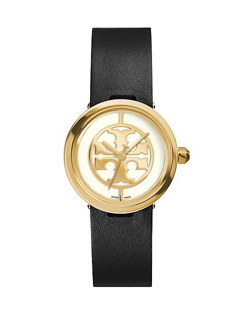 Tory Burch - Reva Goldtone Stainless Steel & Leather Strap Watch/Black