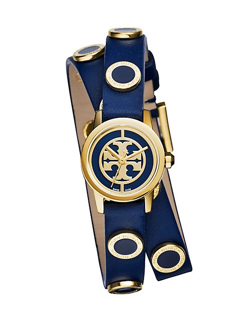 Tory Burch - Reva Mini Goldtone Stainless Steel, Enamel & Studded Leather Strap Watch/Navy