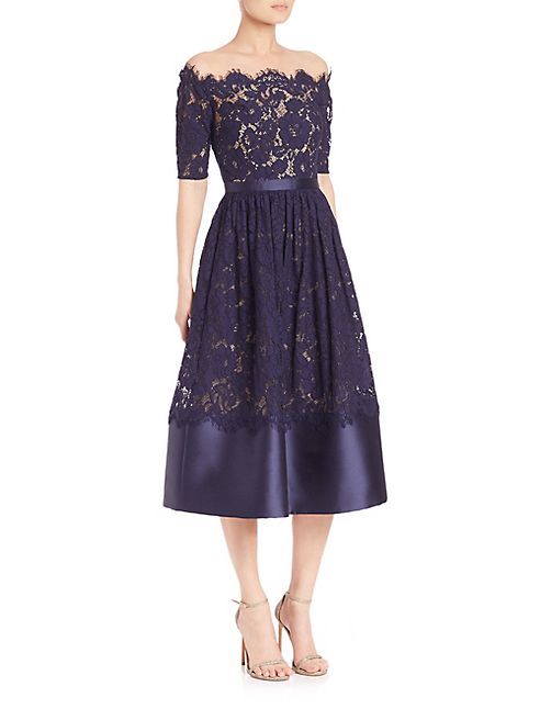 ML Monique Lhuillier - Off-The-Shoulder Lace Midi Dress