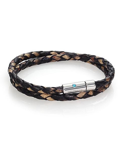 Tateossian - Paraiba Topaz, Printed Leather & Sterling Silver Double-Wrap Braided Bracelet