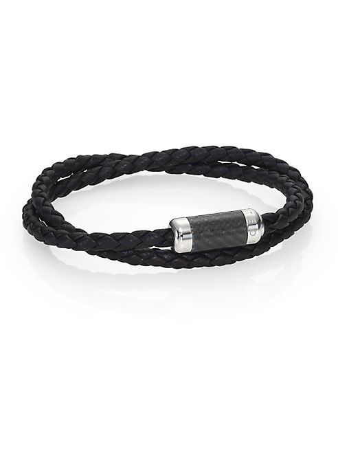 Tateossian - Leather, Carbon Fiber & Sterling Silver Bicolor Braided Bracelet