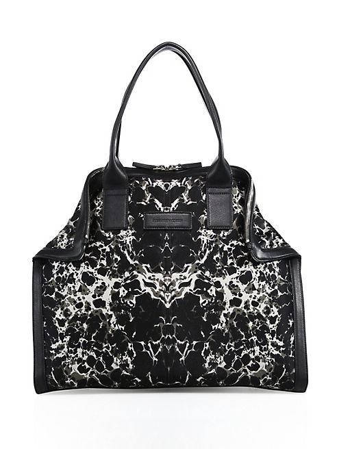 Alexander McQueen - De Manta Printed Satin & Leather Tote