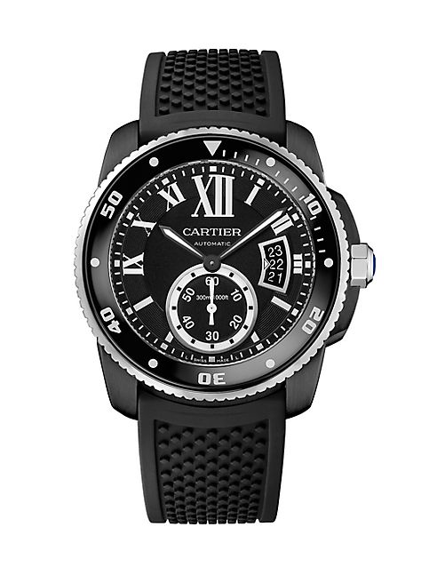 Cartier - Calibre de Cartier Automatic Carbon Diver ADLC Stainless Steel & Rubber Strap Watch