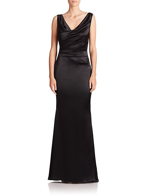 Talbot Runhof - Ruched Satin V-Neck Gown