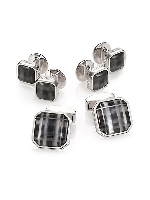 Tateossian - Fog Black Glass Rhodium Plated Cuff Link & Stud Set