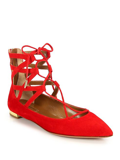 Aquazzura - Belgravia Suede Point Toe Lace-Up Flats