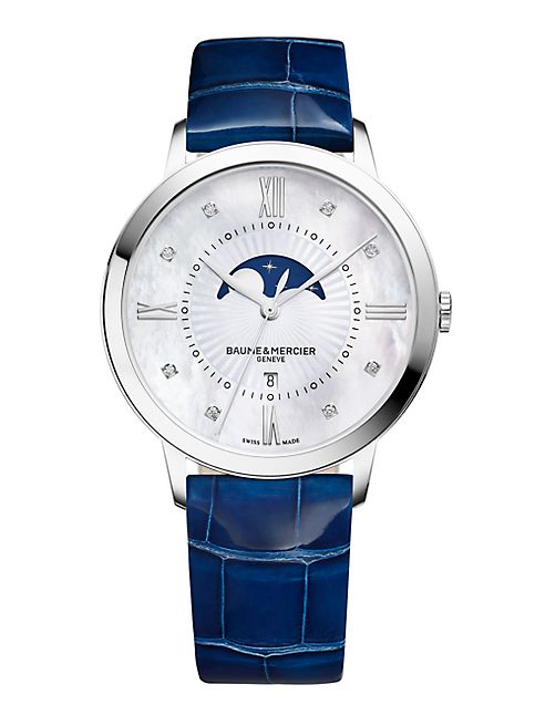 Baume & Mercier - Classima 10226 Moonphase Diamond, Mother-Of-Pearl, Stainless Steel & Patent Alligator Strap Watch