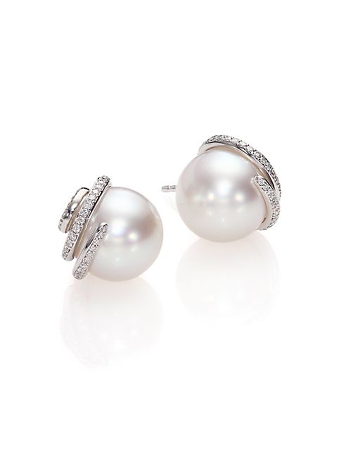 Mikimoto - Twist 11MM White Cultured South Sea Pearl, Diamond & 18K White Gold Stud Earrings