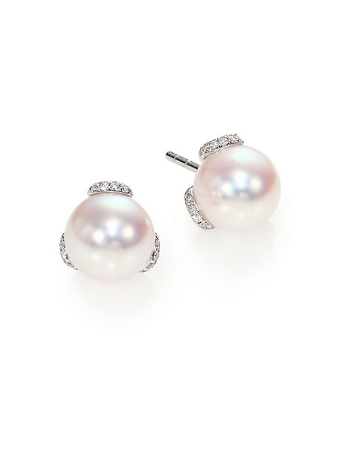 Mikimoto - Twist 8MM White Cultured Akoya Pearl, Diamond & 18K White Gold Stud Earrings