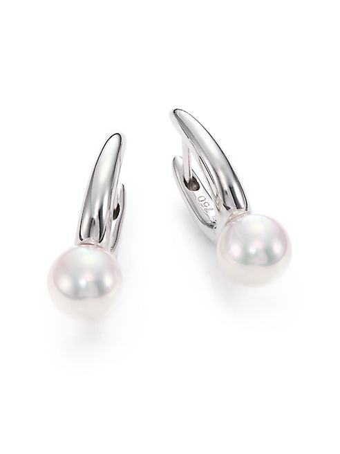 Mikimoto - 6.5MM White Cultured Akoya Pearl & 18K White Gold Huggie Hoop Earrings