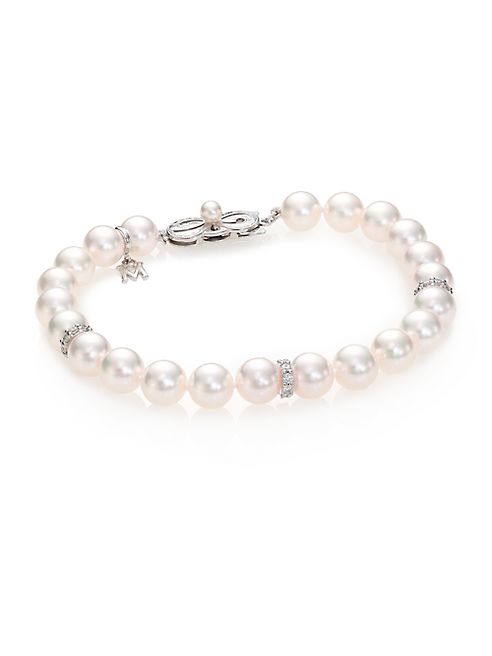 Mikimoto - 7MM White Cultured Akoya Pearl, Diamond & 18K White Gold Strand Bracelet