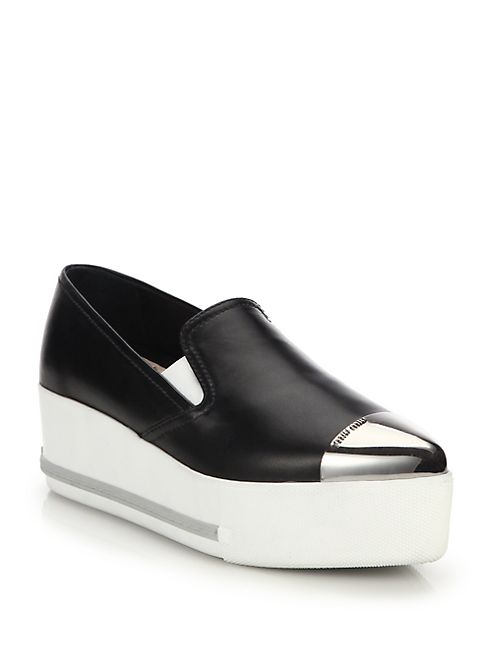 Miu Miu - Cap Toe Leather Wedge Skate Sneakers