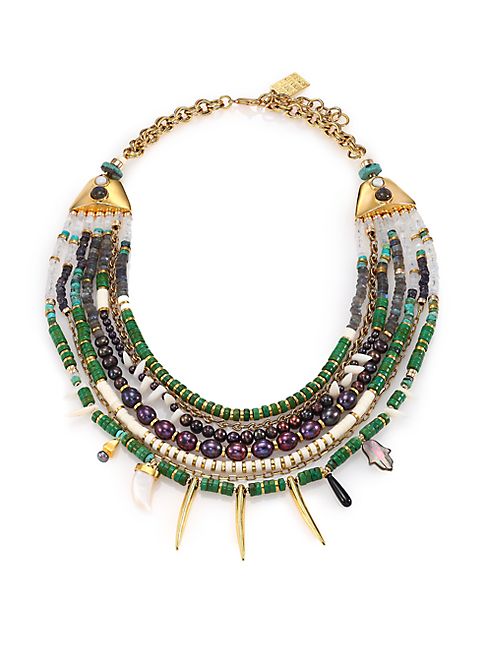 Lizzie Fortunato - Riad 4MM-9MM Peacock Pearl & Semi-Precious Multi-Stone Draped Bib Necklace