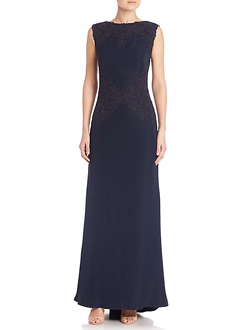 Tadashi Shoji - Metallic Lace-Trimmed Crepe Gown