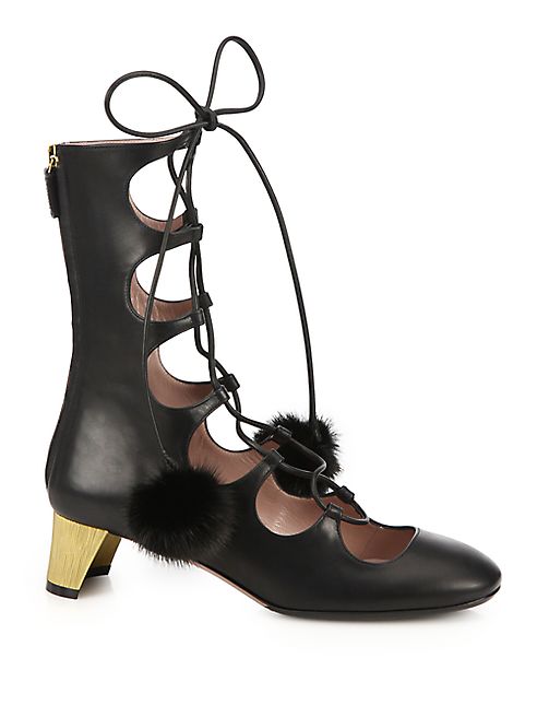 Gucci - Lace-Up Fur Pom-Pom Leather Boots