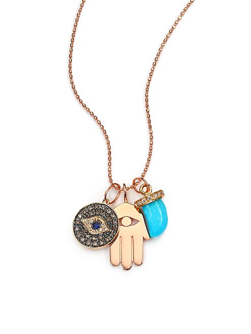 Sydney Evan - Turquoise, Sapphire, Multicolor Diamond & 14K Rose Gold Spiritual Trio Charm Necklace