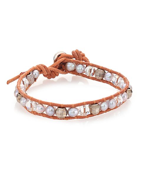 Chan Luu - 6MM Grey Potato Pearl, Crystal & Leather Wrap Bracelet