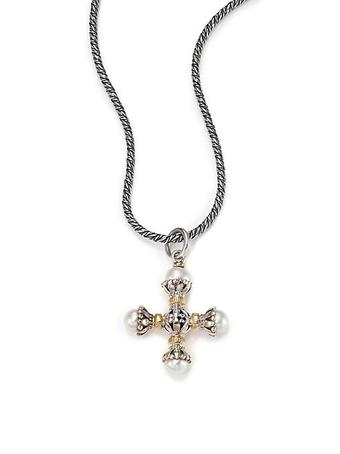 Konstantino - Classic 4MM-5MM White Pearl, 18K Yellow Gold & Sterling Silver Small Maltese Cross Pendant