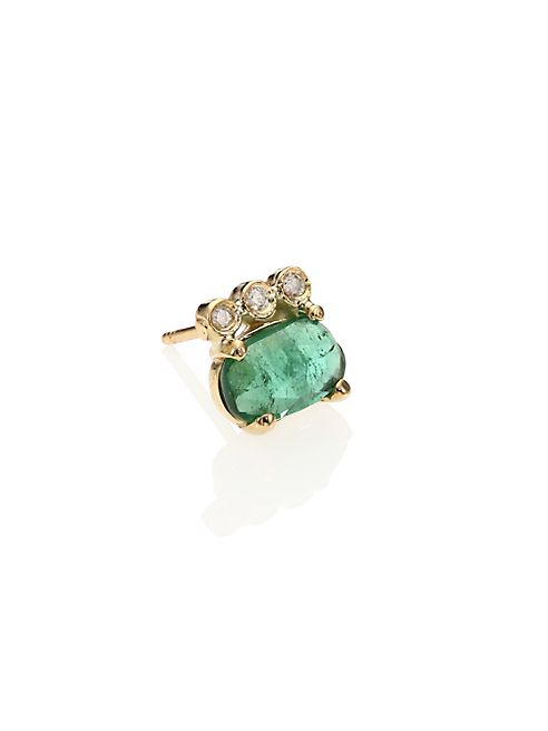 Jacquie Aiche - Green Tourmaline, Diamond & 14K Yellow Gold Three-Bezel Single Stud Earring