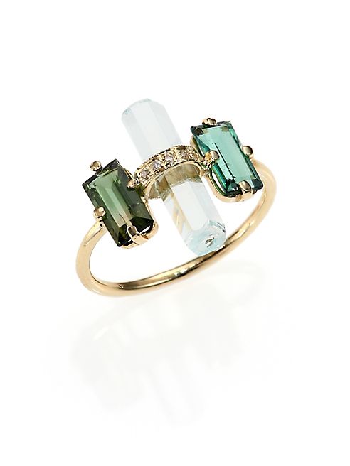 Jacquie Aiche - Green Tourmaline, Aquamarine, Diamond & 14K Yellow Gold Bar Ring