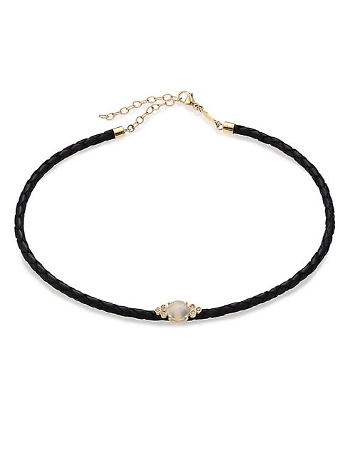 Jacquie Aiche - Moonstone, Diamond, 14K Yellow Gold & Leather Braided Choker Necklace