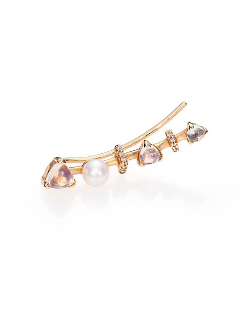 PHYNE by Paige Novick - Marta Moonstone, 4MM White Akoya Pearl, Diamond & 14K Yellow Gold Trillion Single Ear Cuff