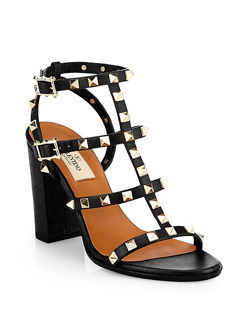 Valentino - Rockstud Leather T-Strap Block Heel Sandals