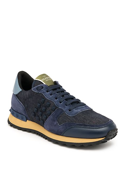 Valentino - Studded Denim, Suede & Leather Sneakers