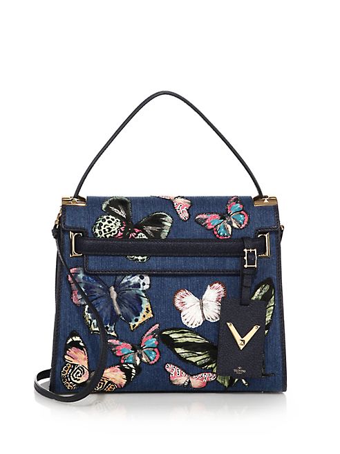 Valentino - Butterfly Embroidered Denim & Leather Satchel