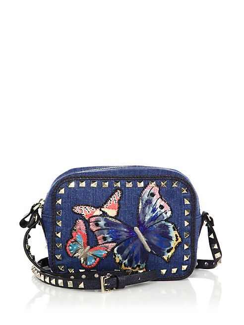 Valentino - Rockstud Embroidered Butterfly Denim Camera Bag