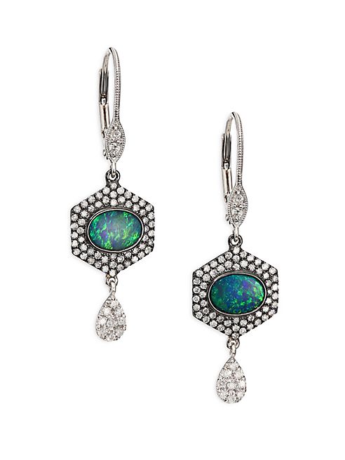 Meira T - Opal, Diamond & 14K White Gold Hexagon Drop Earrings