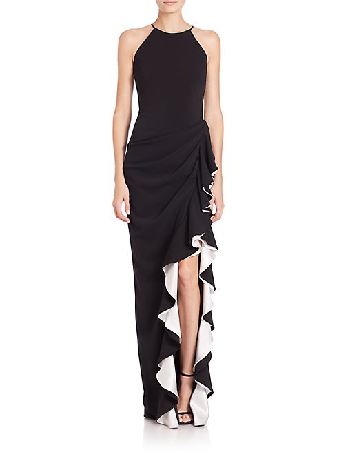 Badgley Mischka - Halter Contrast Ruffle Gown