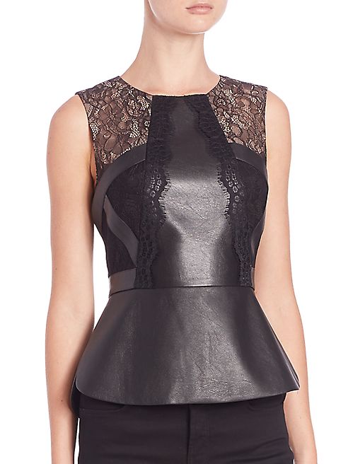 BCBGMAXAZRIA - Laine Leather Lace Peplum Top