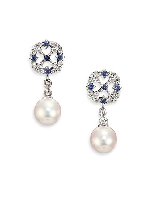 Mikimoto - CL Cherish 7MM White Cultured Akoya Pearl, Diamond, Sapphire & 18K White Gold Drop Earrings