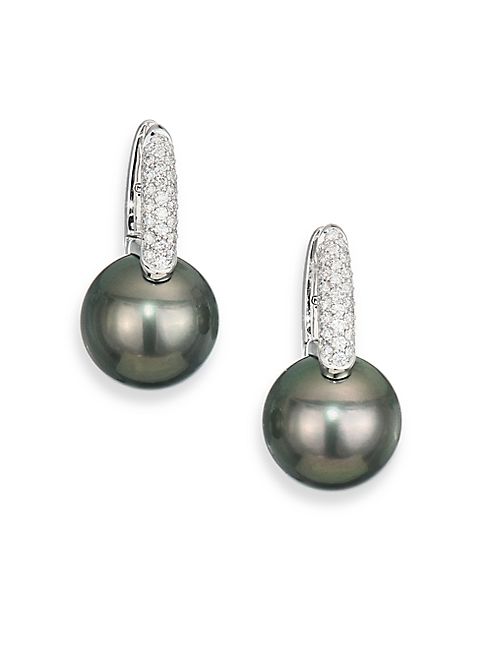 Mikimoto - Black South Sea 10MM-11MM Black Pearl, Diamond & 18K White Gold Drop Earrings