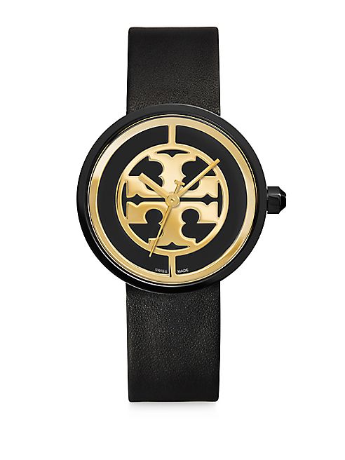 Tory Burch - Reva Goldtone Stainless Steel & Leather Strap Watch/Black