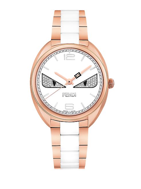 Fendi - Momento Fendi Bug Diamond, Rose Goldtone Stainless Steel & Ceramic Bracelet Watch