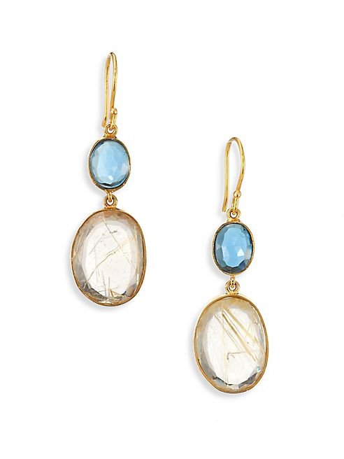 Lena Skadegard - Moss Aquamarine, Rutilated Quartz & 18K Yellow Gold Double-Drop Earrings