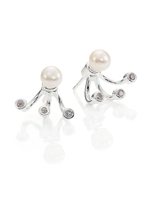 Pamela Love - Triple Gravitation 6MM White Pearl, White Topaz & Sterling Silver Stud Earrings