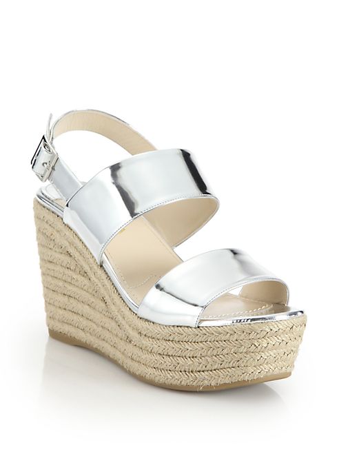 Prada - Patent Metallic Leather Espadrille Wedge Sandals