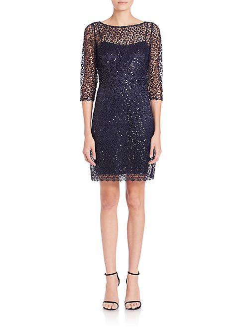 Kay Unger - Sequined Crochet Sheath Dress